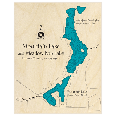 Bathymetric topo map of Mountain Lake and Meadow Run Lake with roads, towns and depths noted in blue water