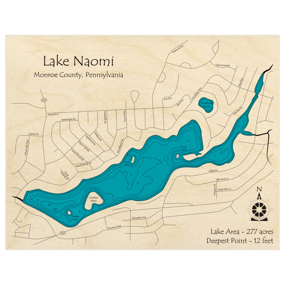 Bathymetric topo map of Lake Naomi with roads, towns and depths noted in blue water