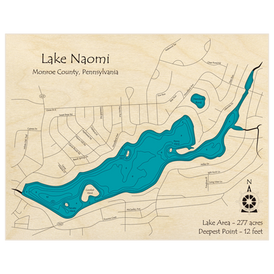 Bathymetric topo map of Lake Naomi with roads, towns and depths noted in blue water