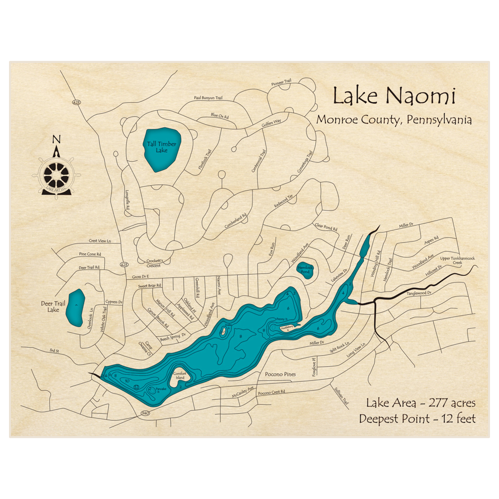 Bathymetric topo map of Lake Naomi (extended) with roads, towns and depths noted in blue water