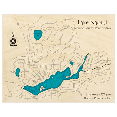 Bathymetric topo map of Lake Naomi (extended) with roads, towns and depths noted in blue water