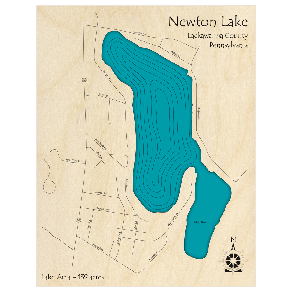 Bathymetric topo map of Newton Lake  with roads, towns and depths noted in blue water