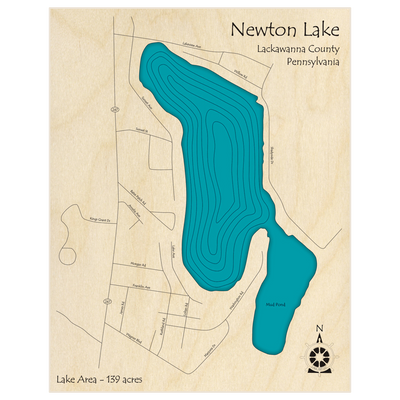 Bathymetric topo map of Newton Lake  with roads, towns and depths noted in blue water