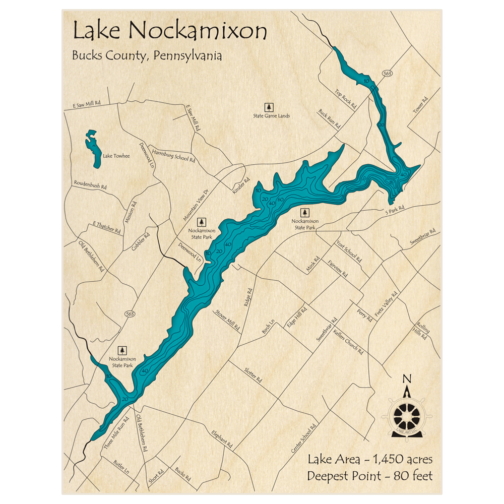 Bathymetric topo map of Lake Nockamixon with roads, towns and depths noted in blue water