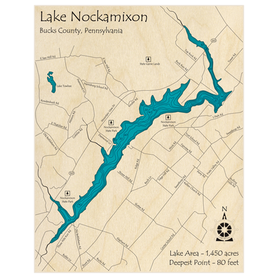 Bathymetric topo map of Lake Nockamixon with roads, towns and depths noted in blue water