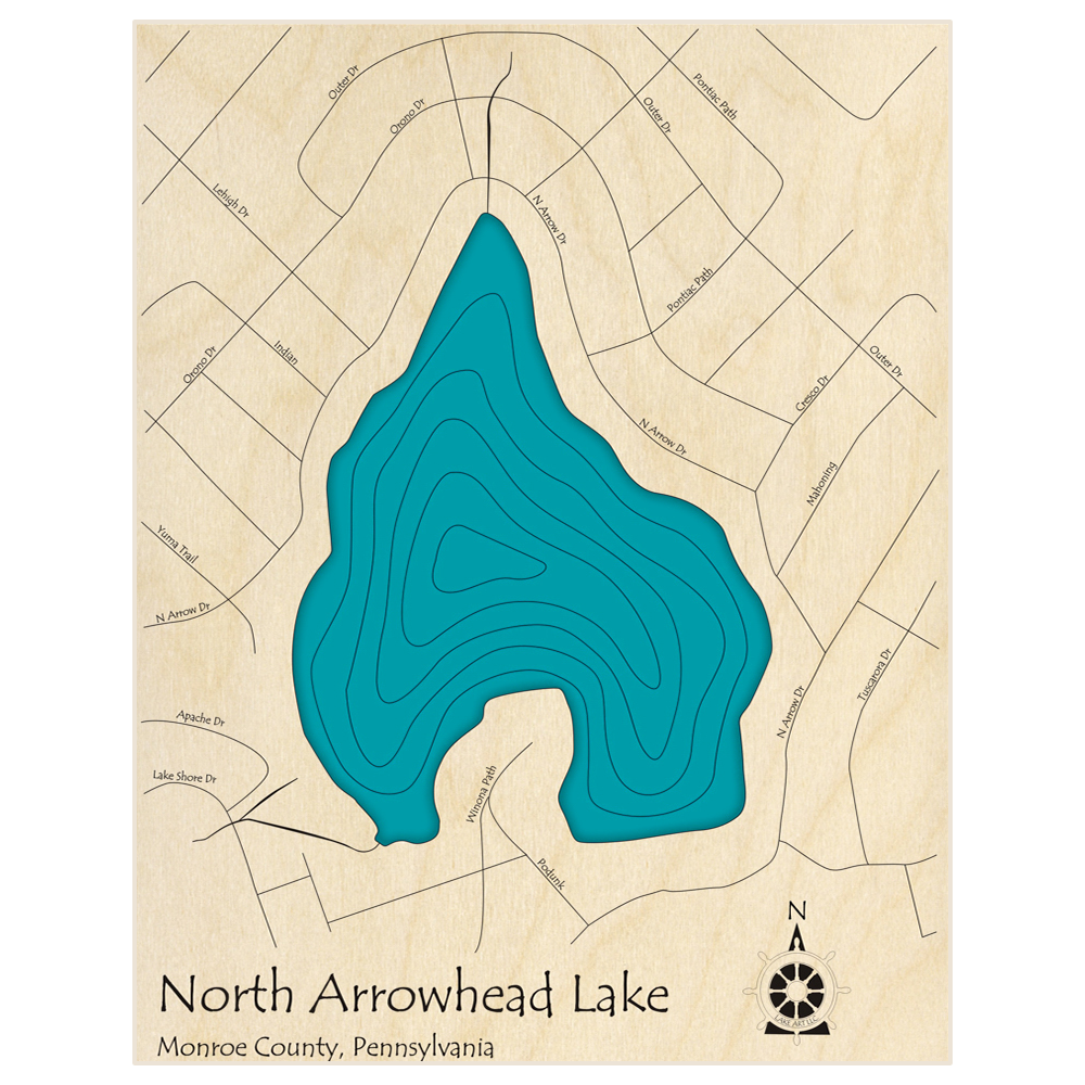 Bathymetric topo map of North Arrowhead Lake  with roads, towns and depths noted in blue water