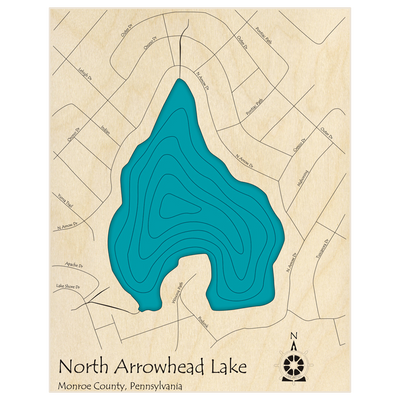 Bathymetric topo map of North Arrowhead Lake  with roads, towns and depths noted in blue water