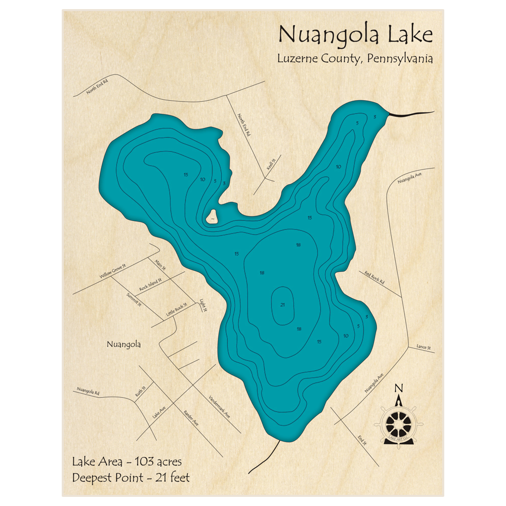 Bathymetric topo map of Nuangola Lake with roads, towns and depths noted in blue water