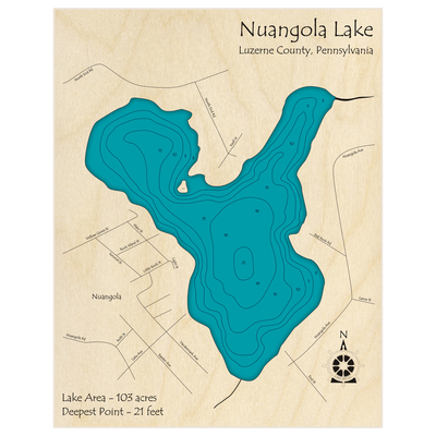 Bathymetric topo map of Nuangola Lake with roads, towns and depths noted in blue water