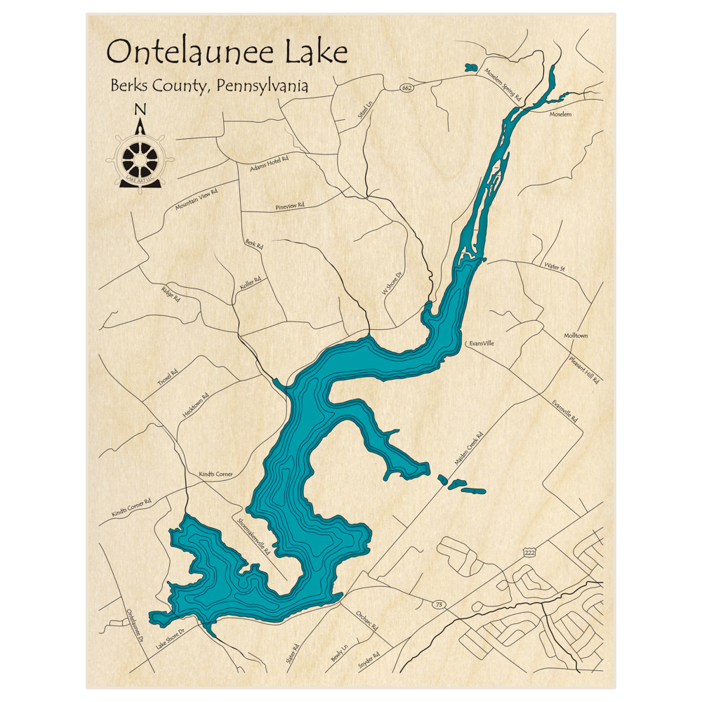 Bathymetric topo map of Ontelaunee Lake  with roads, towns and depths noted in blue water