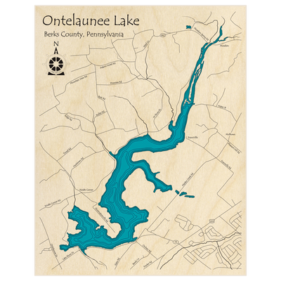 Bathymetric topo map of Ontelaunee Lake  with roads, towns and depths noted in blue water