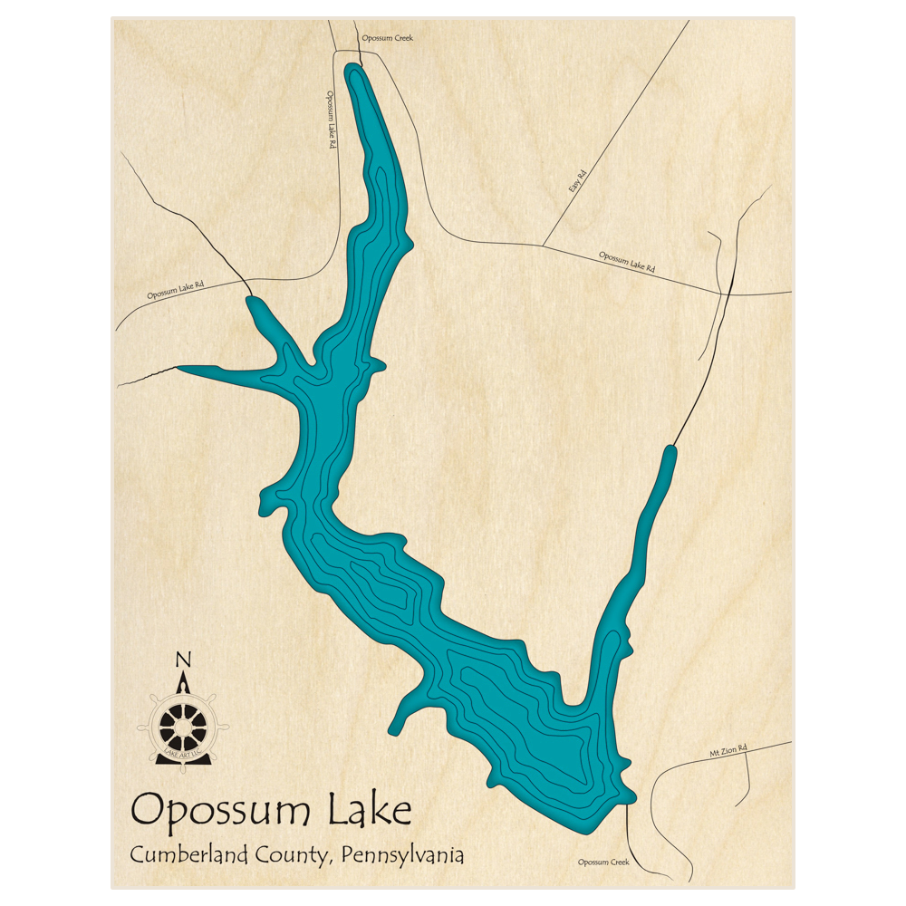 Bathymetric topo map of Opossum Lake  with roads, towns and depths noted in blue water