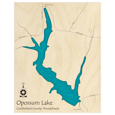 Bathymetric topo map of Opossum Lake  with roads, towns and depths noted in blue water