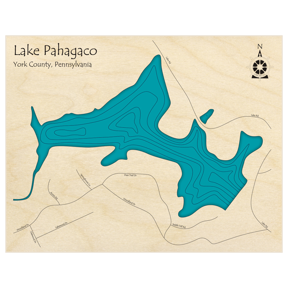 Bathymetric topo map of Lake Pahagaco  with roads, towns and depths noted in blue water