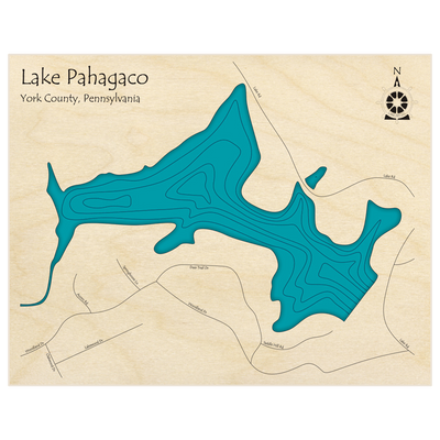 Bathymetric topo map of Lake Pahagaco  with roads, towns and depths noted in blue water