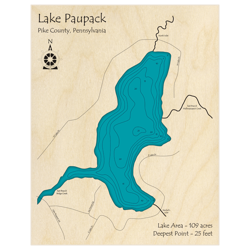 Bathymetric topo map of Lake Paupack with roads, towns and depths noted in blue water