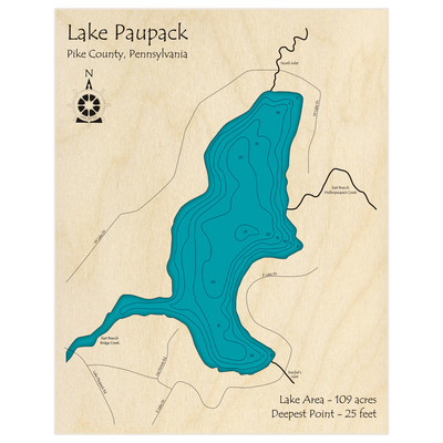 Bathymetric topo map of Lake Paupack with roads, towns and depths noted in blue water