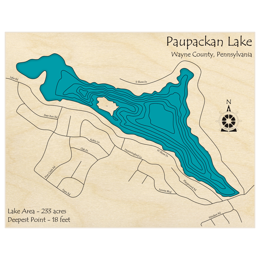 Bathymetric topo map of Paupackan Lake  with roads, towns and depths noted in blue water