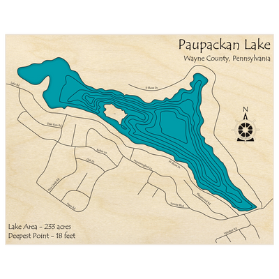 Bathymetric topo map of Paupackan Lake  with roads, towns and depths noted in blue water