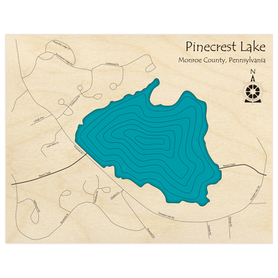 Bathymetric topo map of Pinecrest Lake with roads, towns and depths noted in blue water