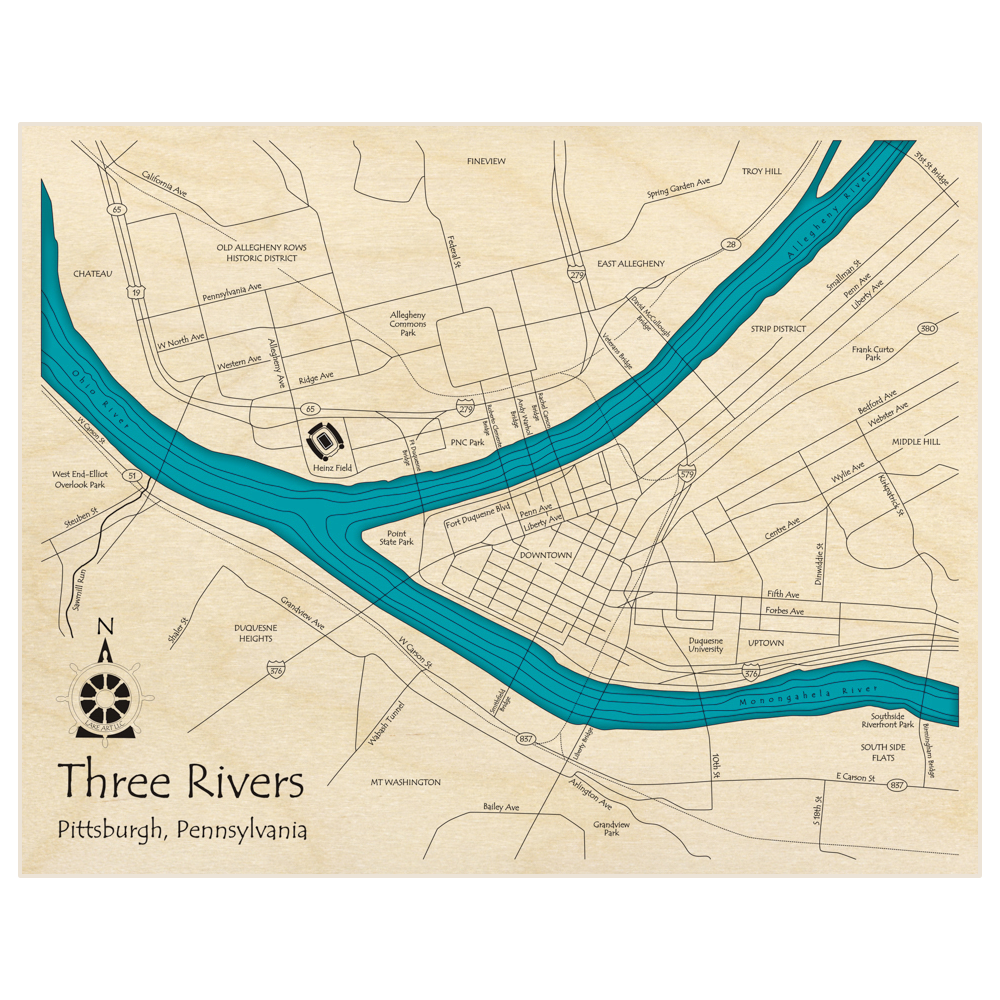 Bathymetric topo map of Pittsburgh (Three Rivers) with roads, towns and depths noted in blue water