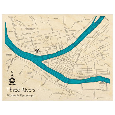 Bathymetric topo map of Pittsburgh (Three Rivers) with roads, towns and depths noted in blue water