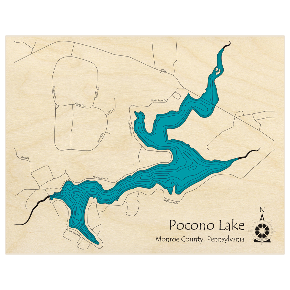 Bathymetric topo map of Pocono Lake  with roads, towns and depths noted in blue water