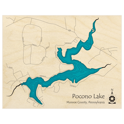 Bathymetric topo map of Pocono Lake  with roads, towns and depths noted in blue water