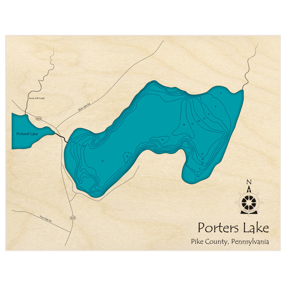 Bathymetric topo map of Porters Lake with roads, towns and depths noted in blue water