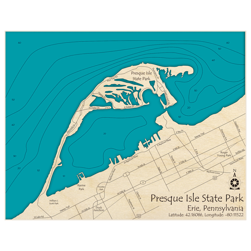 Bathymetric topo map of Presque Isle State Park – On Lake Erie with roads, towns and depths noted in blue water