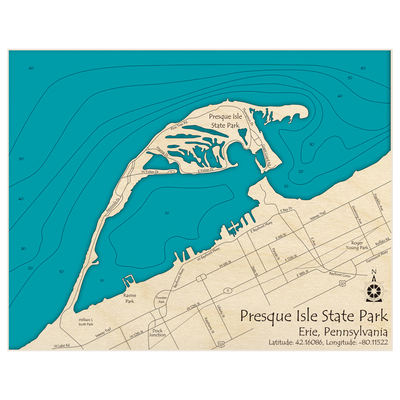 Bathymetric topo map of Presque Isle State Park – On Lake Erie with roads, towns and depths noted in blue water