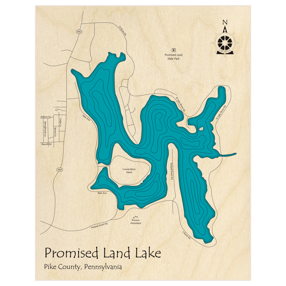 Bathymetric topo map of Promised Land Lake  with roads, towns and depths noted in blue water