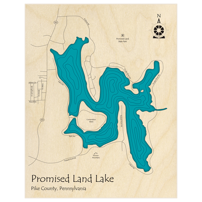 Bathymetric topo map of Promised Land Lake  with roads, towns and depths noted in blue water