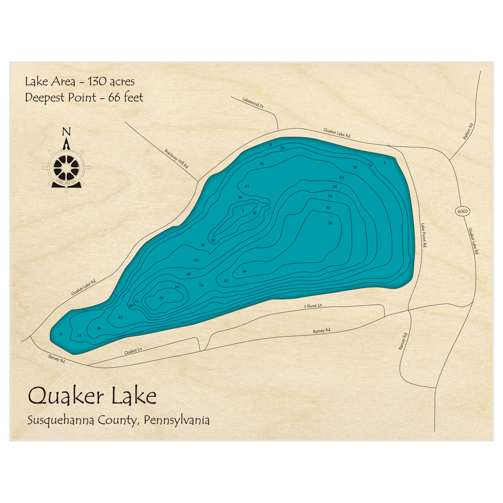 Bathymetric topo map of Quaker Lake with roads, towns and depths noted in blue water