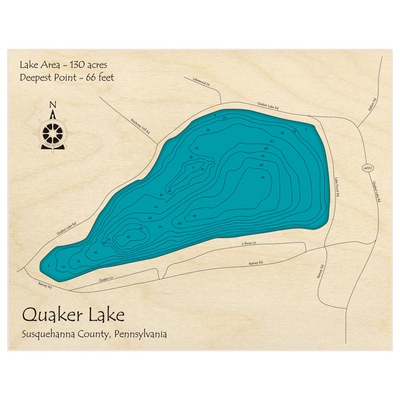 Bathymetric topo map of Quaker Lake with roads, towns and depths noted in blue water