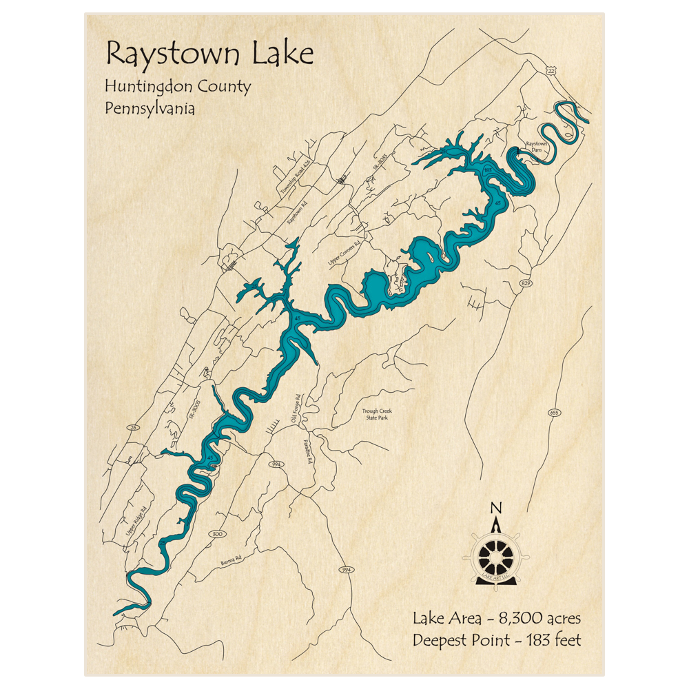 Bathymetric topo map of Raystown Lake with roads, towns and depths noted in blue water