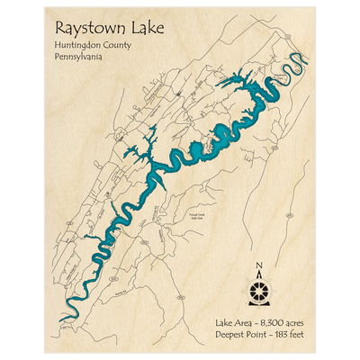 Bathymetric topo map of Raystown Lake with roads, towns and depths noted in blue water