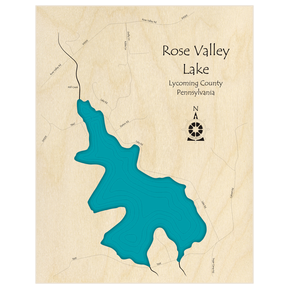 Bathymetric topo map of Rose Valley Lake  with roads, towns and depths noted in blue water