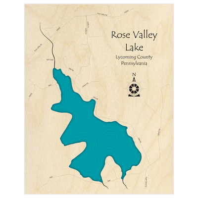 Bathymetric topo map of Rose Valley Lake  with roads, towns and depths noted in blue water