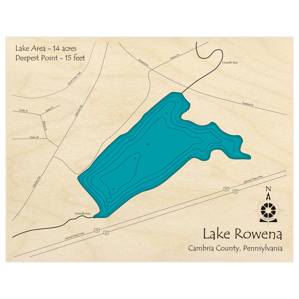 Bathymetric topo map of Lake Rowena with roads, towns and depths noted in blue water