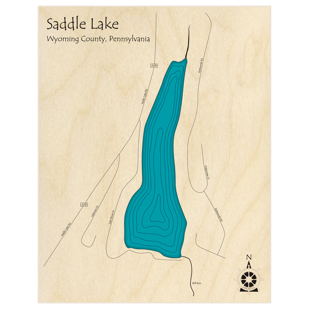 Bathymetric topo map of Saddle Lake  with roads, towns and depths noted in blue water