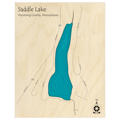 Bathymetric topo map of Saddle Lake  with roads, towns and depths noted in blue water