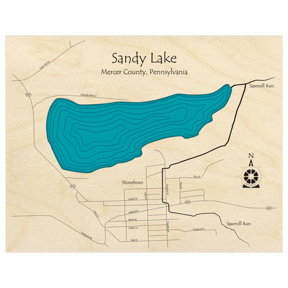 Bathymetric topo map of Sandy Lake  with roads, towns and depths noted in blue water