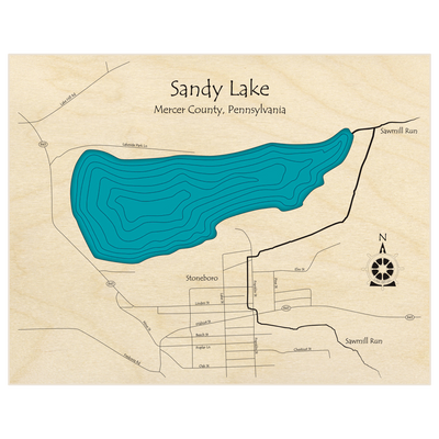 Bathymetric topo map of Sandy Lake  with roads, towns and depths noted in blue water