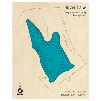 Bathymetric topo map of Silver Lake with roads, towns and depths noted in blue water