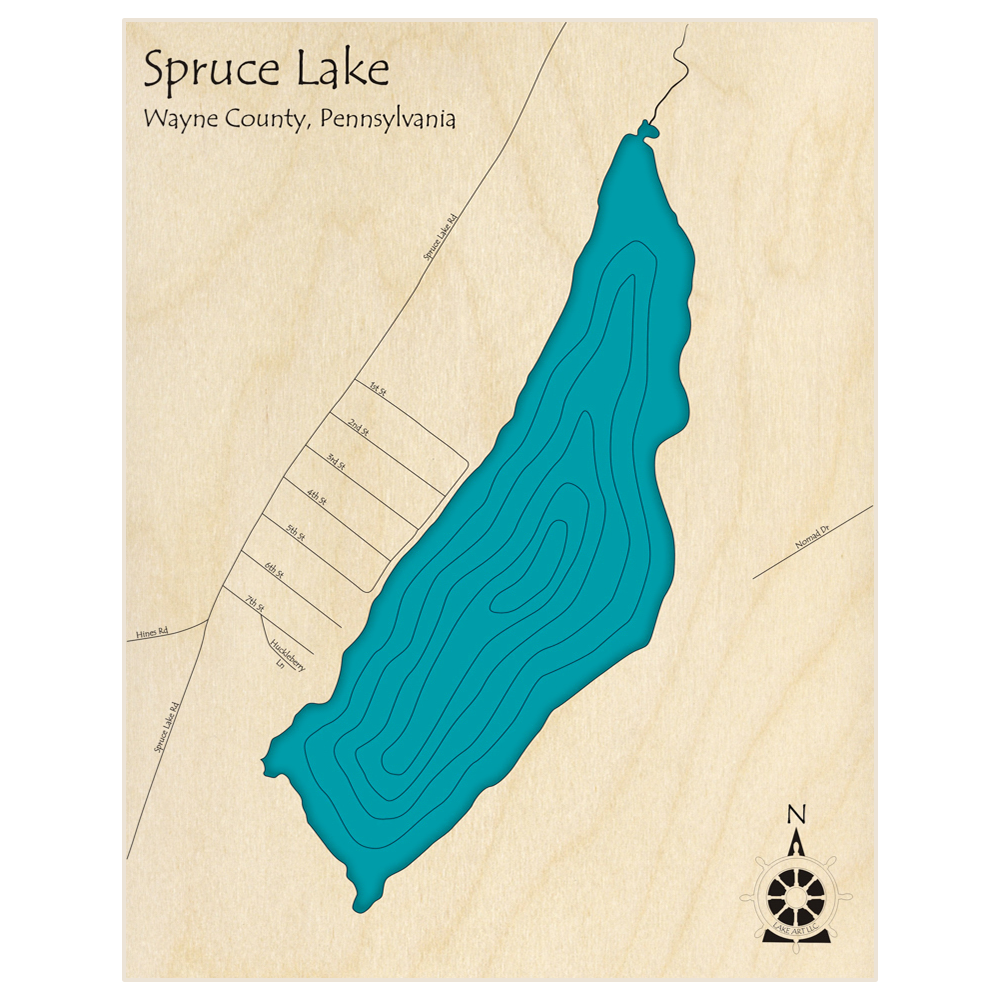 Bathymetric topo map of Spruce Lake  with roads, towns and depths noted in blue water