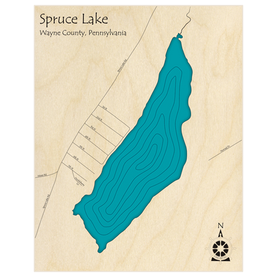 Bathymetric topo map of Spruce Lake  with roads, towns and depths noted in blue water