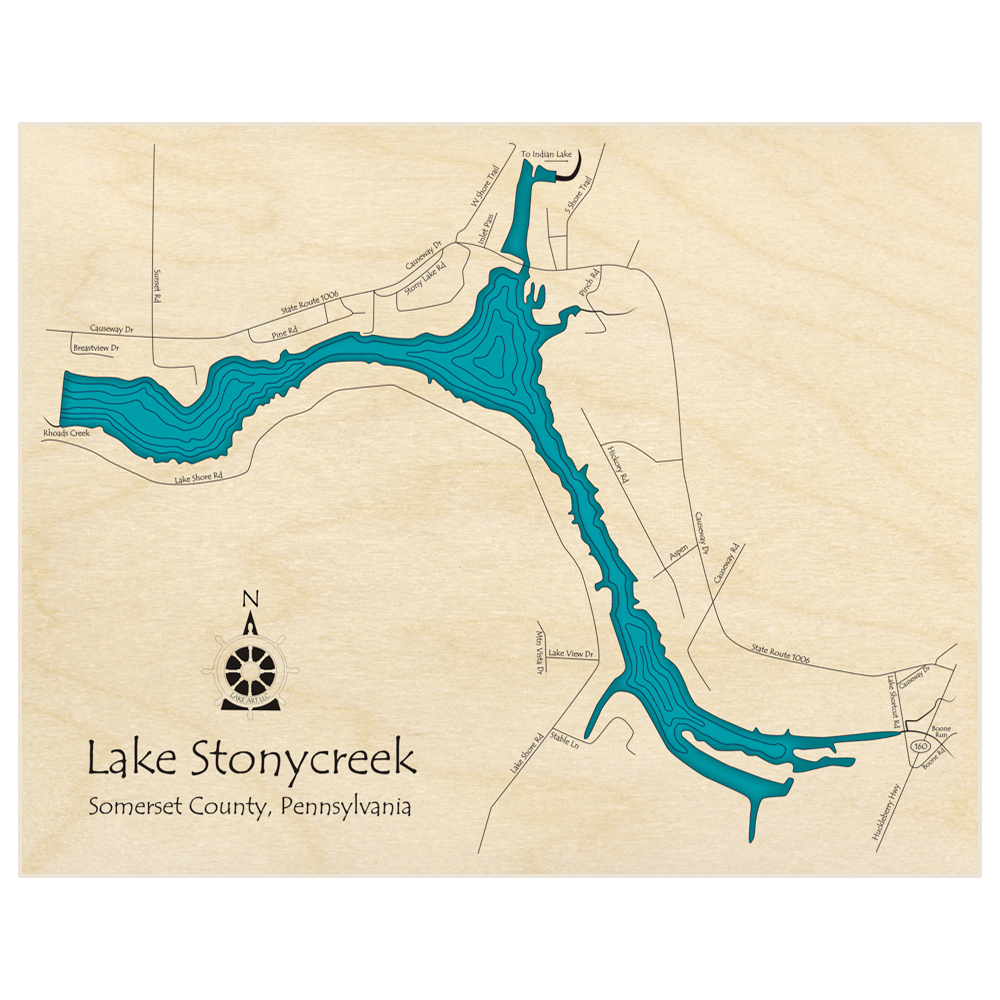 Bathymetric topo map of Stonycreek Lake with roads, towns and depths noted in blue water