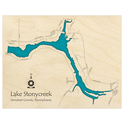 Bathymetric topo map of Stonycreek Lake with roads, towns and depths noted in blue water