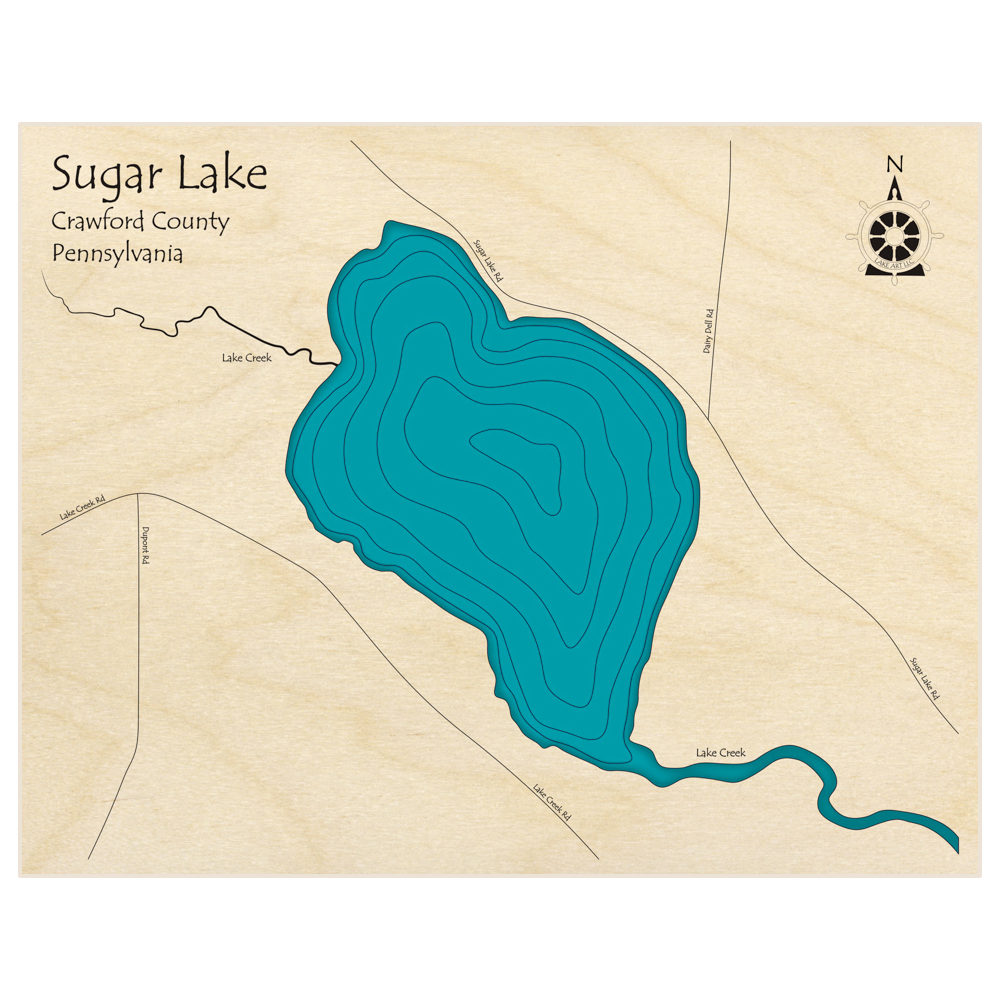 Bathymetric topo map of Sugar Lake  with roads, towns and depths noted in blue water